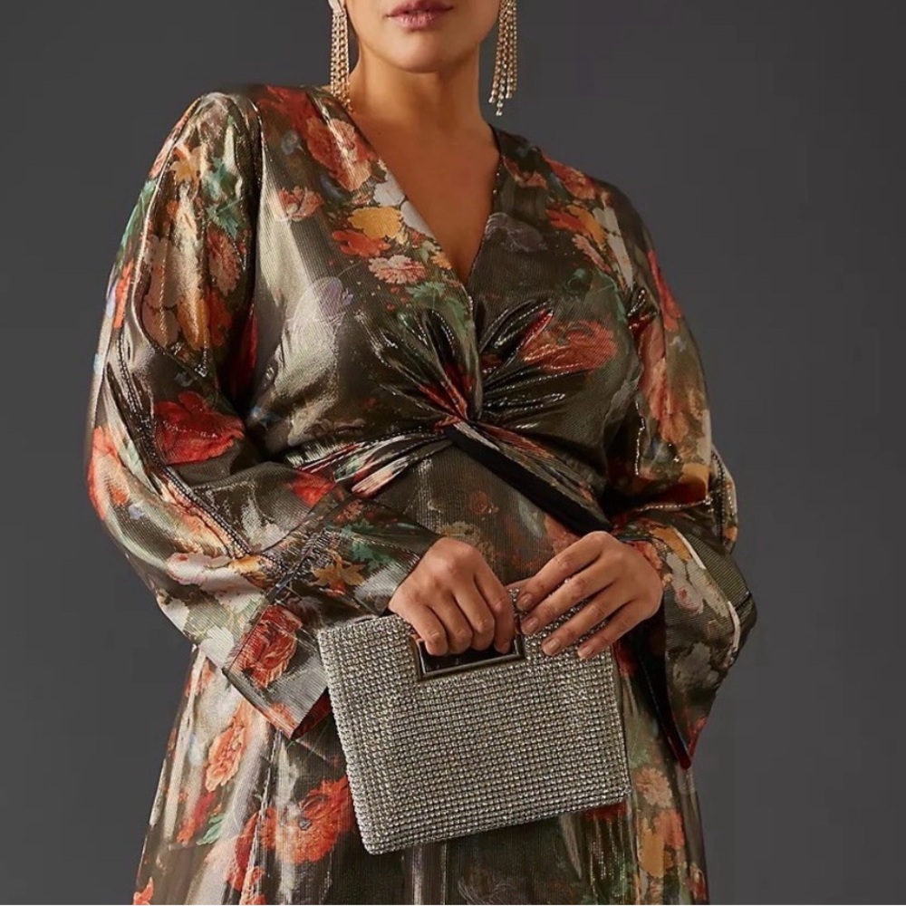 Anthropologie Caballero NWT Metallic Floral Maxi Dress Long Sleeve Sz Med Shiny - Picture 2 of 16